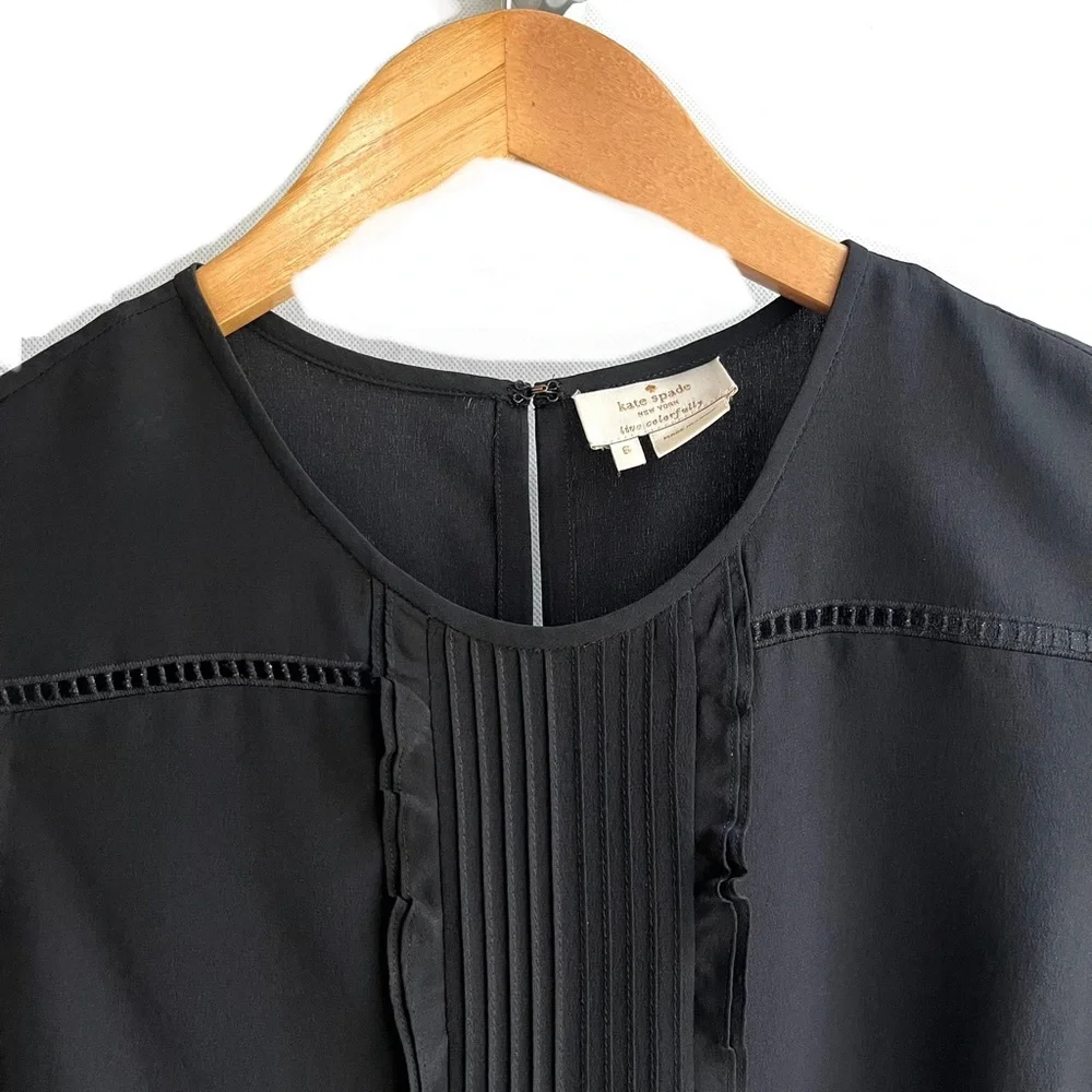 Kate Spade | Black Silk | Pleated | Embroidered | Sleeveless | Top